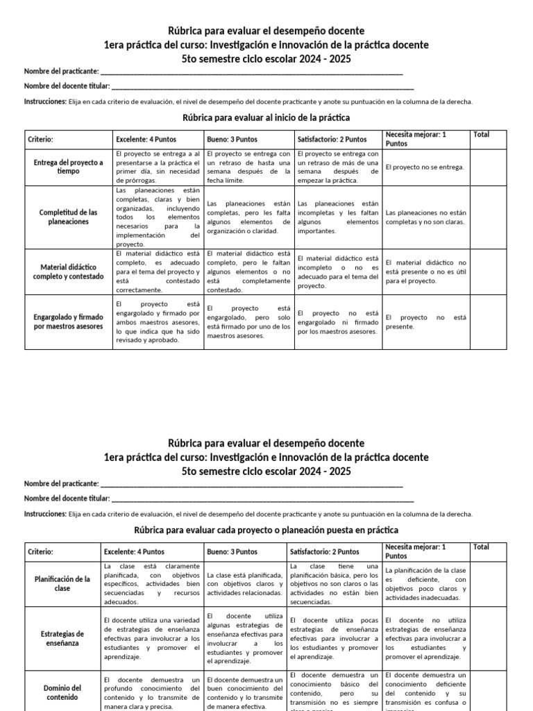 Rúbrica para Evaluar El Desempeño Docente. 2024 | PDF | Evaluación ...