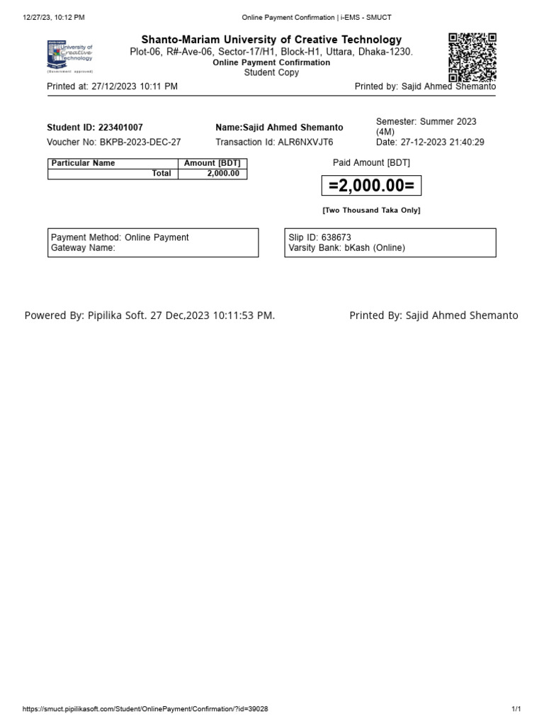 Online Payment Confirmation - i-EMS - SMUCT 3 | PDF