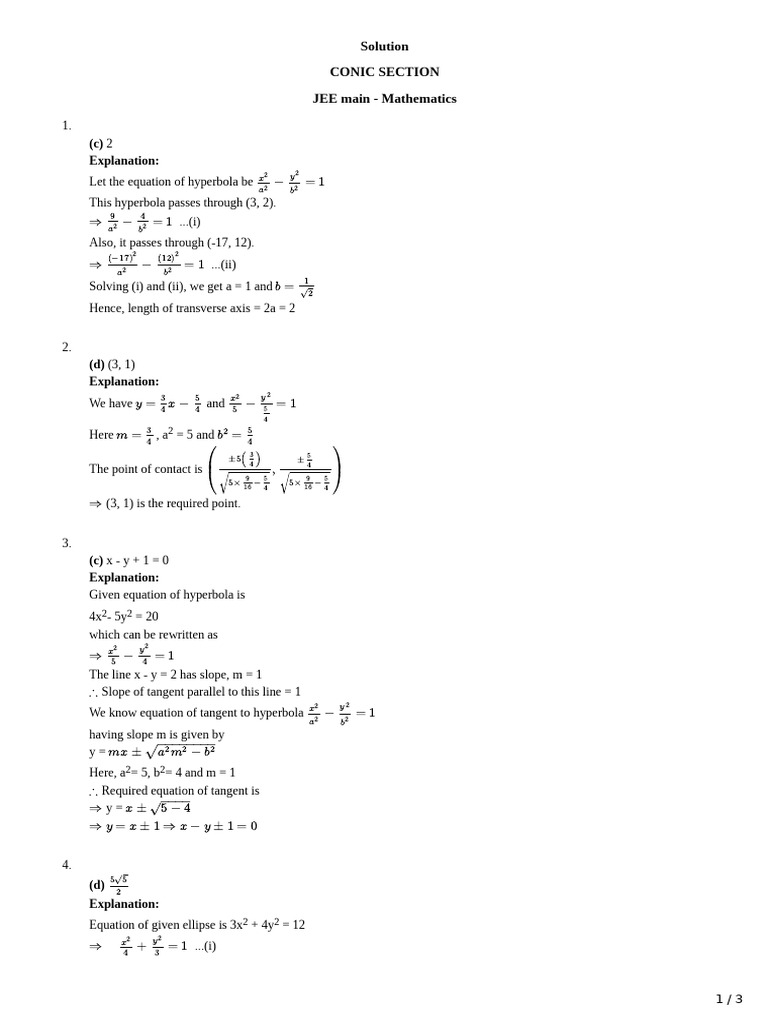 JEE Math: Conic Sections Solutions | PDF | Slope | Ellipse