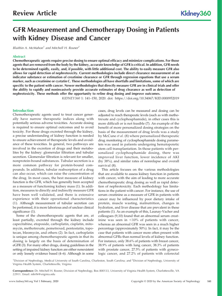 GFR Measurement and Chemotherapy Dosing in Patients | PDF | Creatinine ...