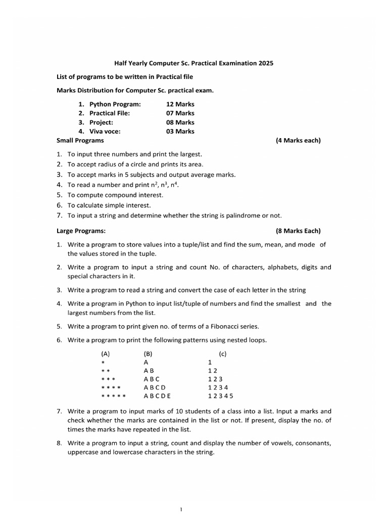 Xi list of programs for file for half yearly examination 2025 pdf