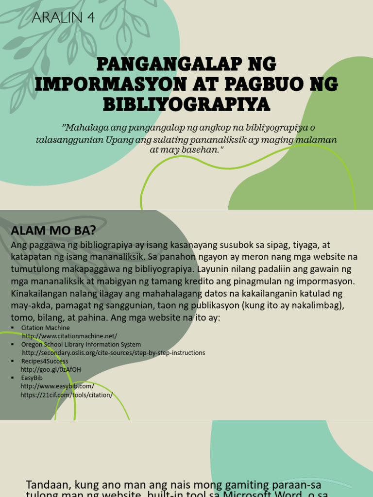 Aralin 4 Pangagalap NG Impormasyon at Pagbuo NG Bibliyograpiya | PDF