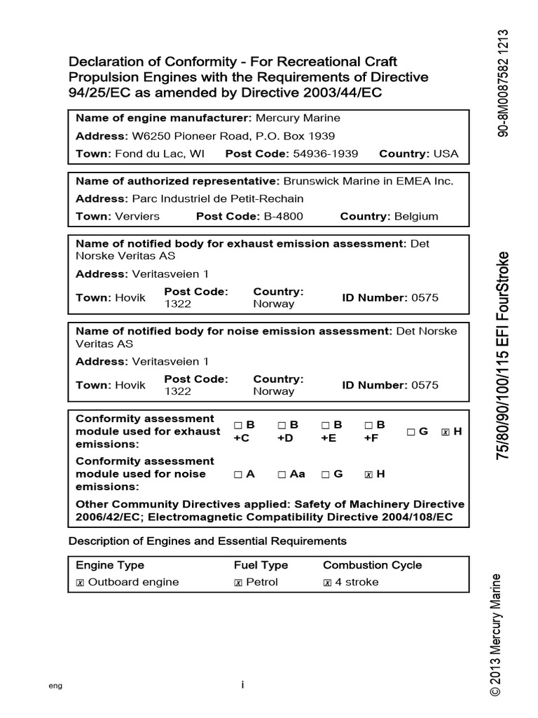 Declaration of Conformity For Recreational Craft Propulsion Engines ...