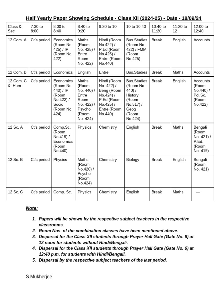 Class XII Half Yearly Schedule 2024-25 | PDF