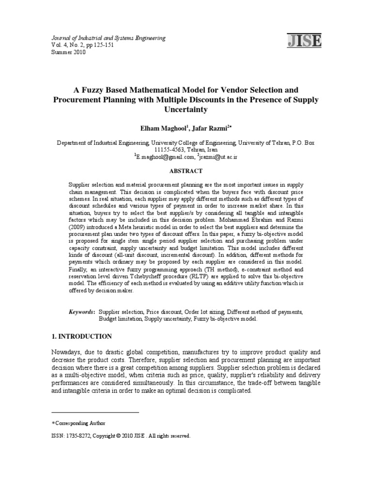 A Fuzzy Based Mathematical Model For Vendor Selection and Procurement ...
