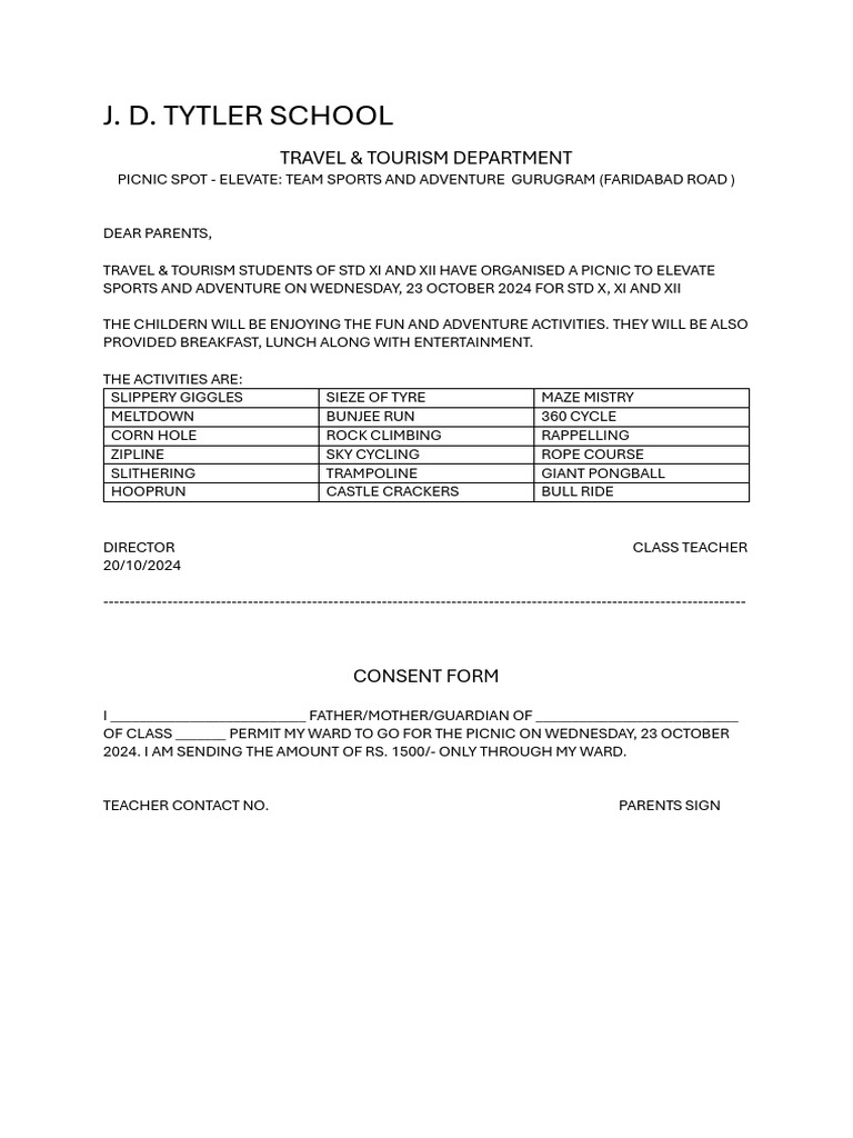 Picnic Consent Form for Parents | PDF