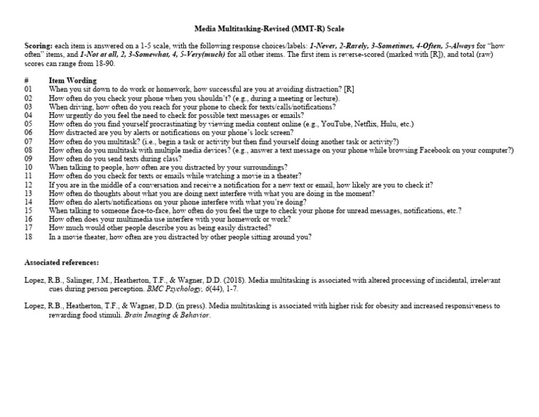 Media Multitasking Scale Questionnaire | PDF | Text Messaging | Cognition