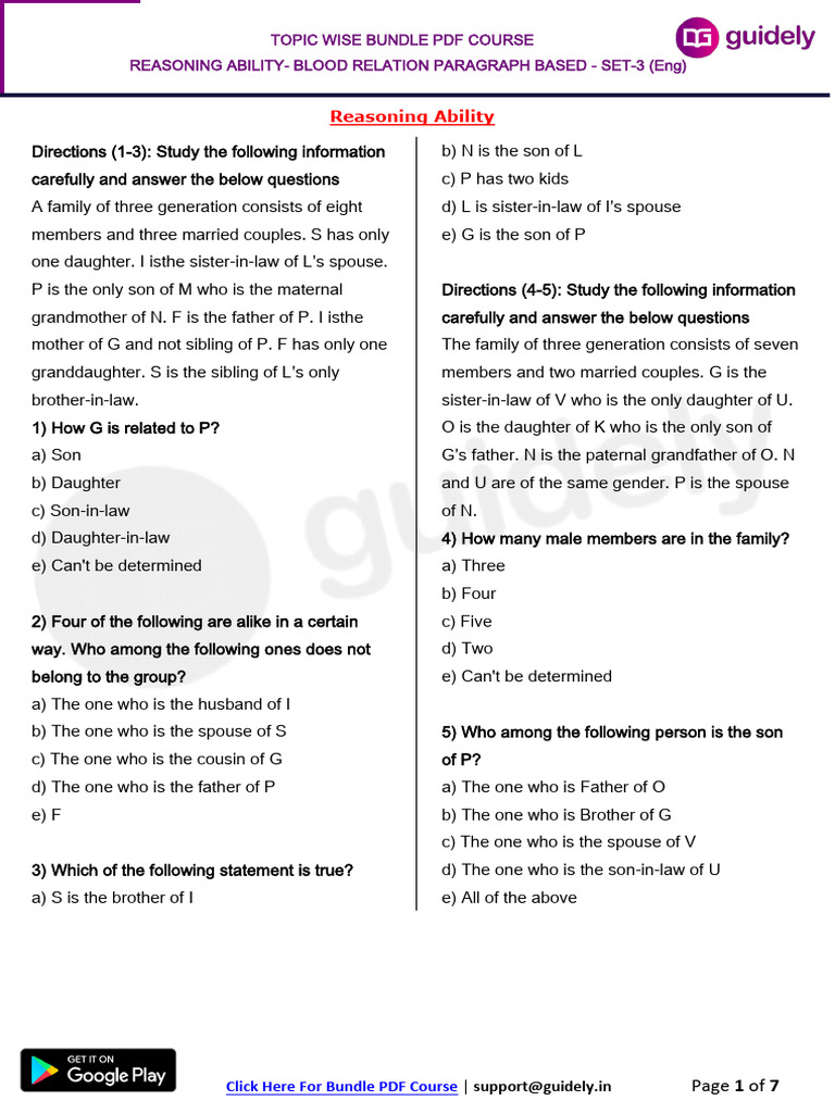 Blood Relation Reasoning Set-3 PDF | PDF | Family | Interpersonal ...