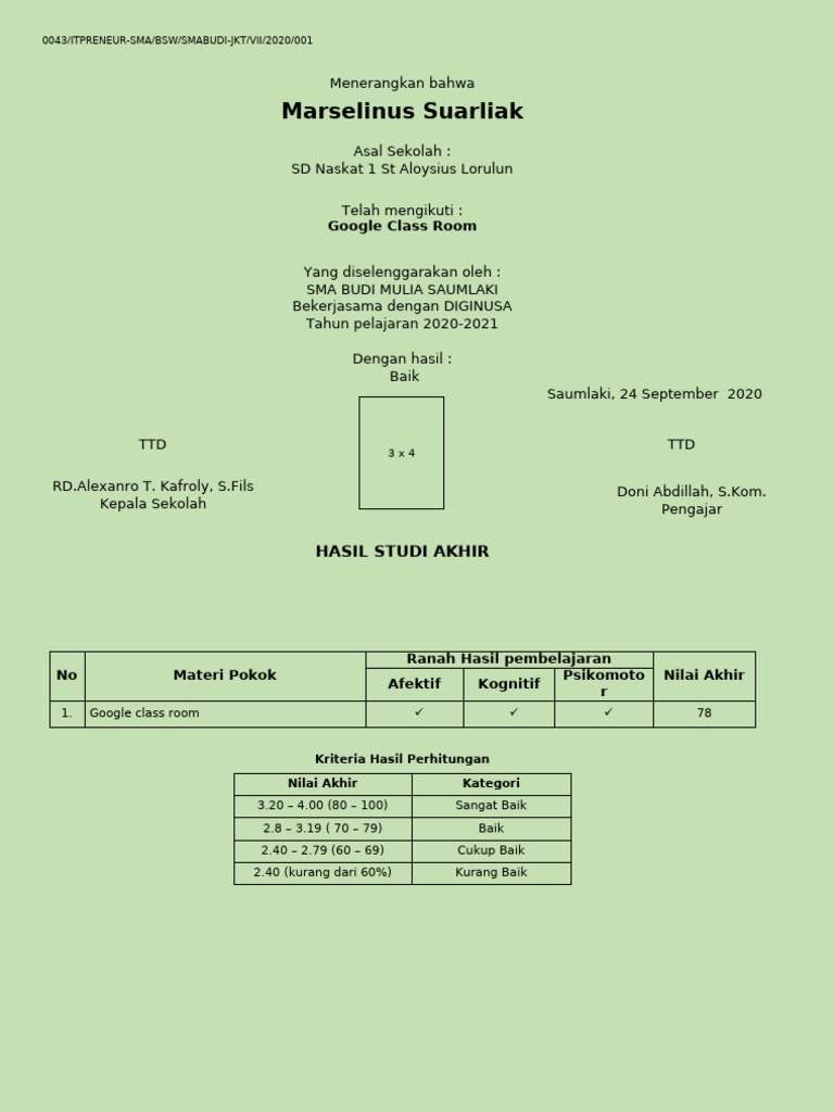 Format Sertifikat SMP Tahun Pertama | PDF