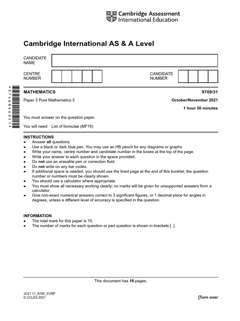 Cambridge international as a level mathematics 9709 31 pdf