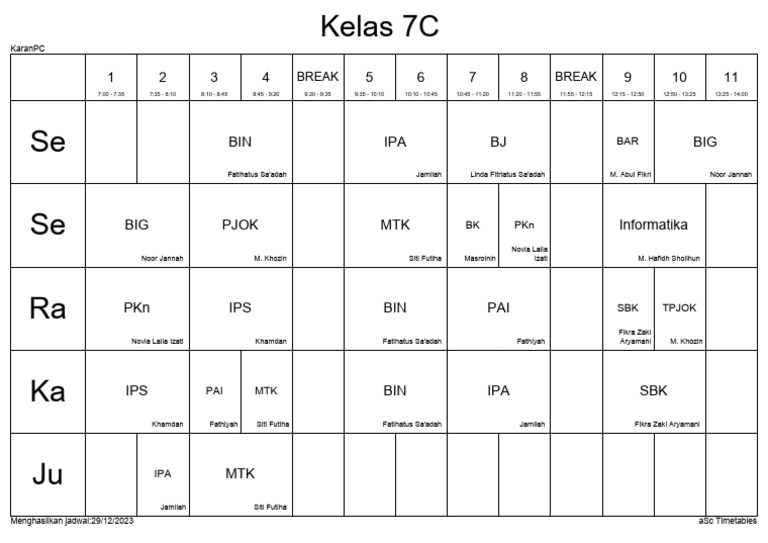Jadwal Kelas 7C - 29 Des 2023 | PDF