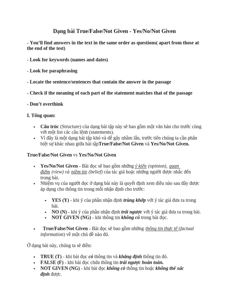 Dạng Bài True:false:not Given | PDF