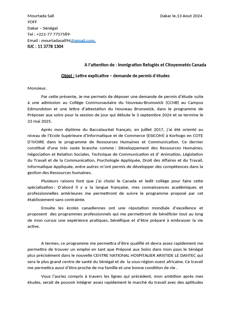 Lettre explicative pour permis d'études | PDF | Canada