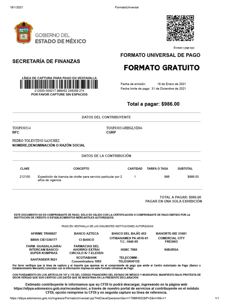 Formato Universal de Pago de Licencia | PDF | Bancos | Finanzas personales