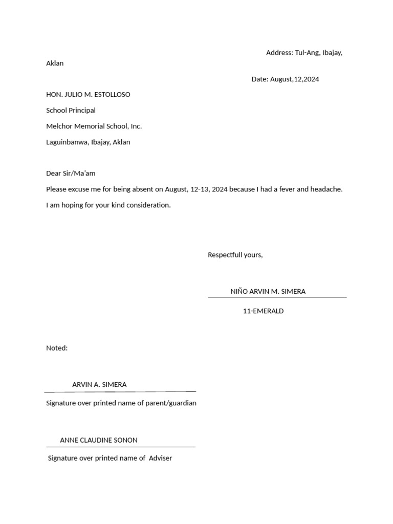 Parent-Signed Absence Excuse Letter | PDF