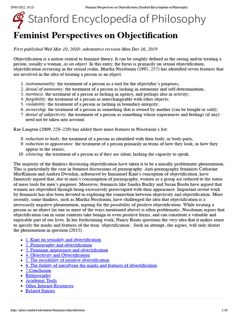 Feminist Perspectives On Objectification (Stanford Encyclopedia of ...