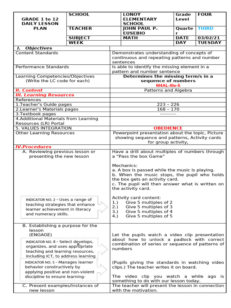 Grade 4 Math Lesson Plan: Patterns | PDF | Learning | Volume
