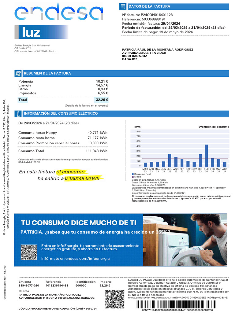 Factura de Energía de Endesa - Abril 2024 | PDF | Economias | Poder ...
