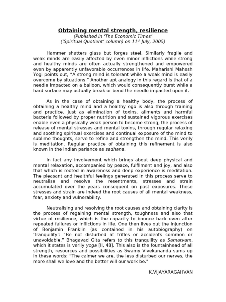 Obtaining Mental Strength And Resilience Pdf Psychological