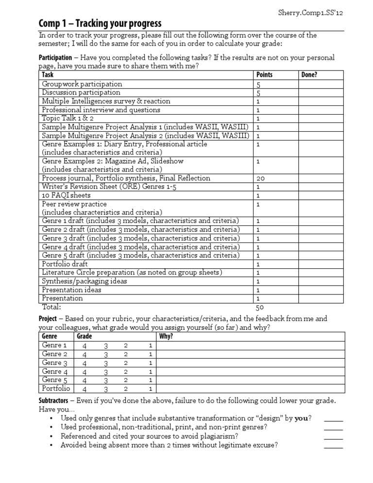 Progress Tracking for Comp 1 SS'12 | PDF