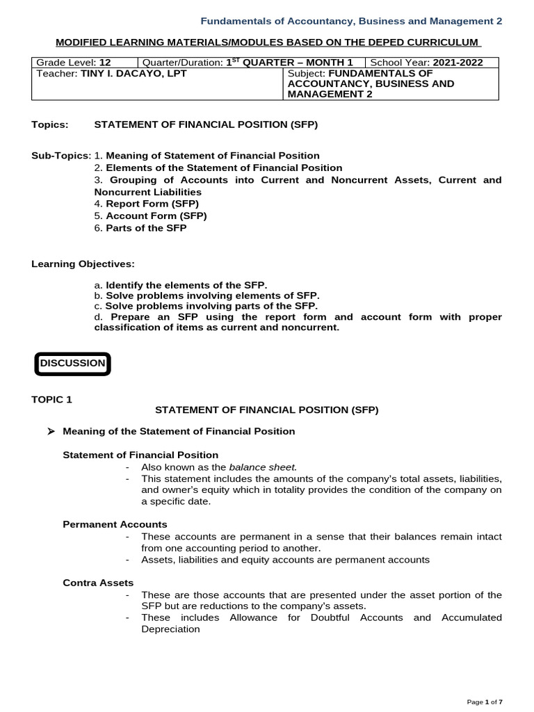 FABM 2 Month 1 Students | PDF | Balance Sheet | Equity (Finance)