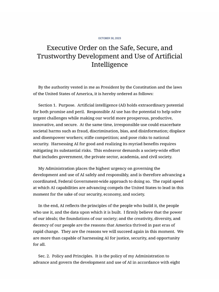 Exec Order On Safe Secure & Trustworthy Development & Use of AI - The ...