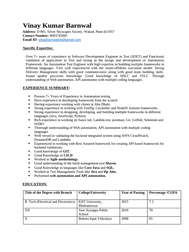Vinay Kumar Barnwal: SDET Profile | PDF | Software Testing | Selenium ...