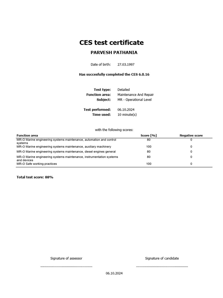 CES 6.0.16 Test Completion Certificate | PDF