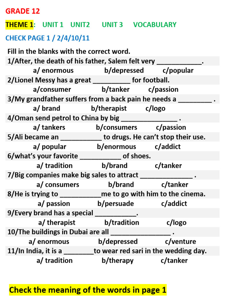 grade 12 theme 1 2 3 vocabulary | PDF | Psychology