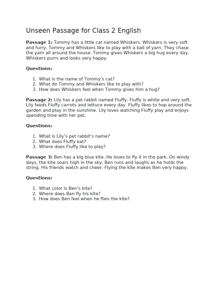 Unseen Passages for Class 2 English | PDF