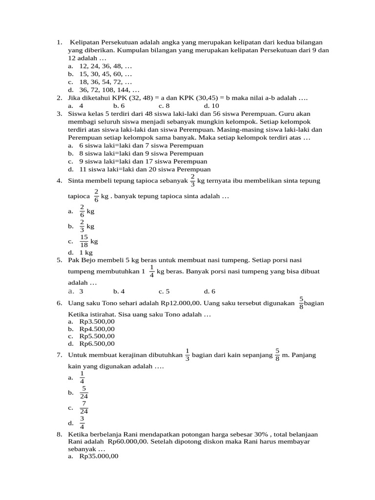 Soal Matematika Kelas 5 Kurikulum Merdeka | PDF | Metode & Bahan Ajar