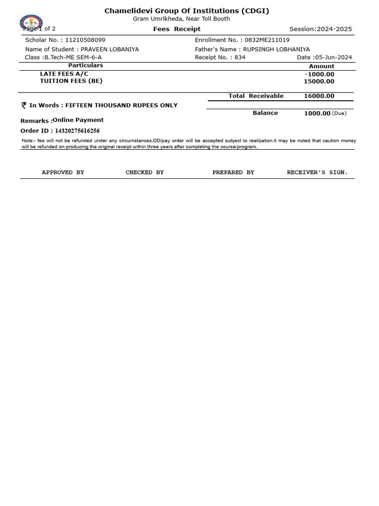 CDGI B.Tech Fee Receipt 2024-2025 | PDF | Payments | Money