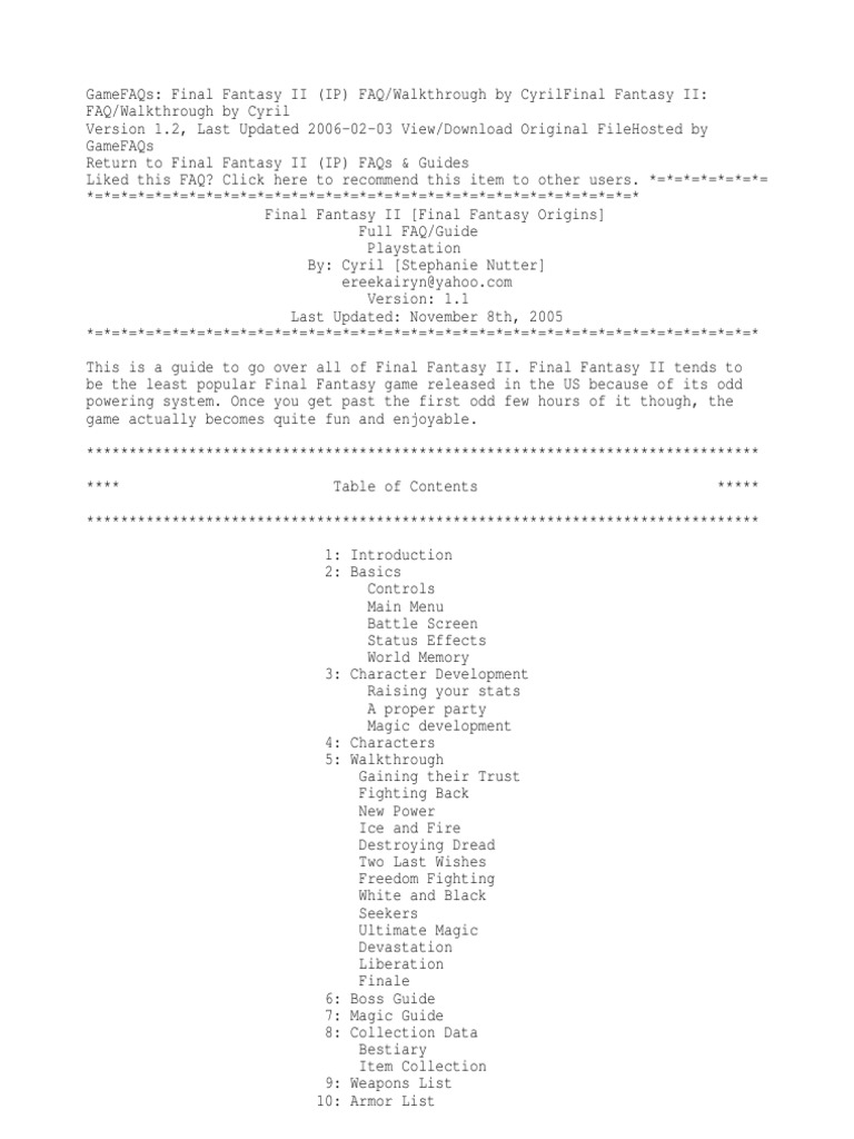 Final Fantasy II (IP) FAQ-Walkthrough | PDF | Gaming | Video Games