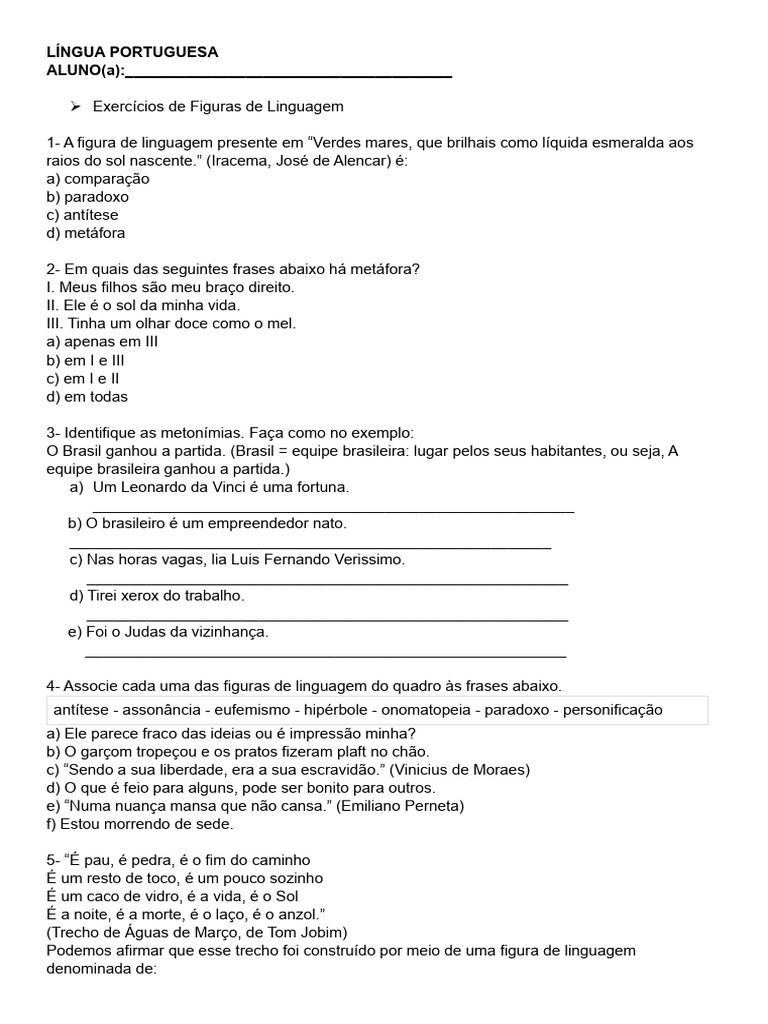 Exercícios sobre Figuras de Linguagem | PDF | Metáfora