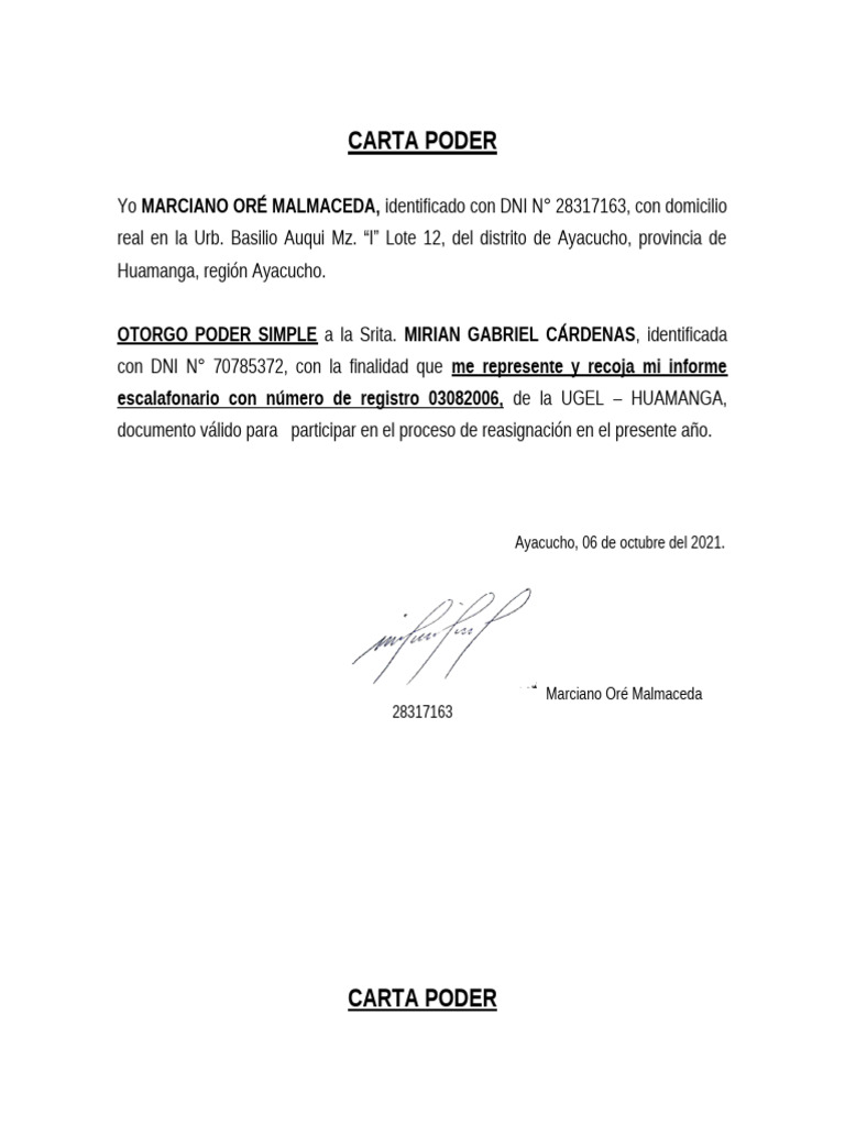Cartas Poder para Reasignación UGEL Huamanga | PDF