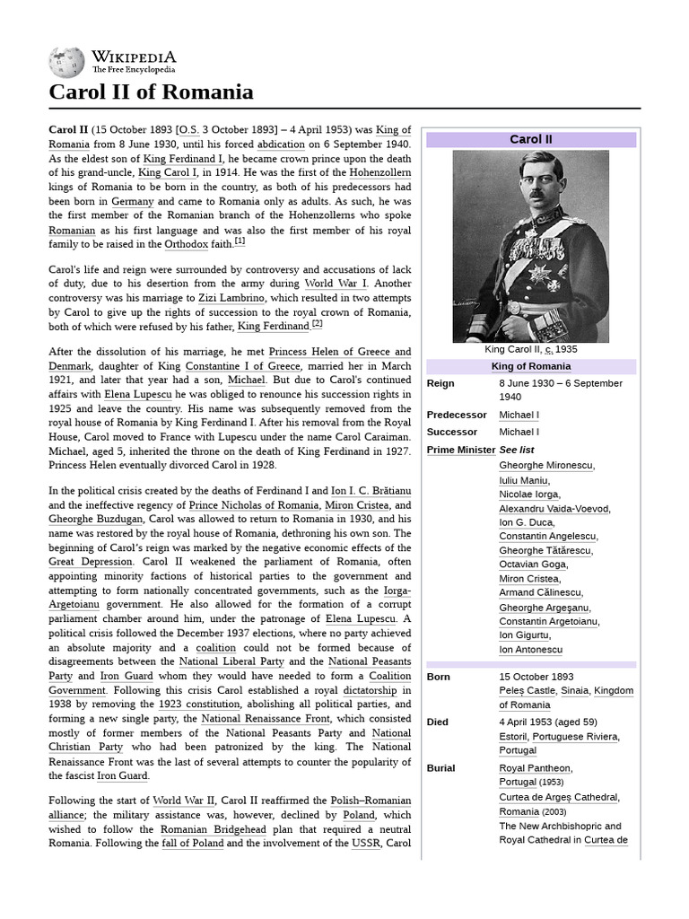King Carol The Second of Romania | PDF | Romania