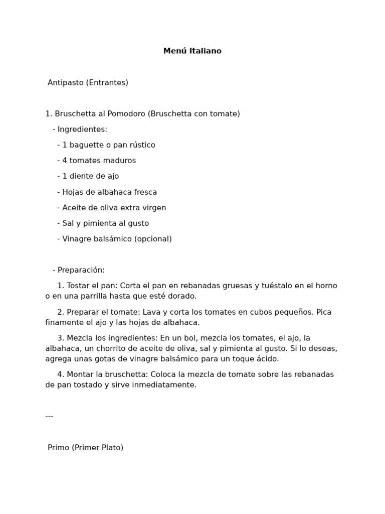 Menu Italiano | PDF | Panes | Cocinando
