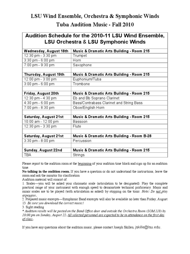 LSU Wind Ensemble, Orchestra & Symphonic Winds Tuba Audition Music