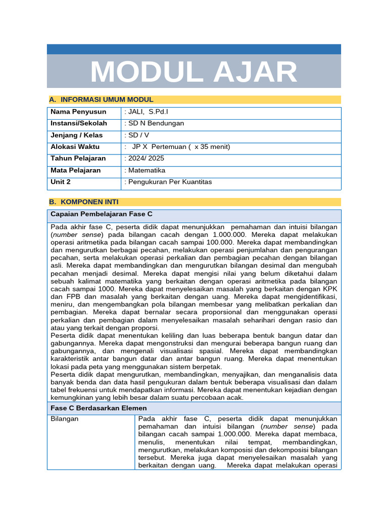 Modul Ajar Matematika Kelas V SD | PDF | Metode & Bahan Ajar
