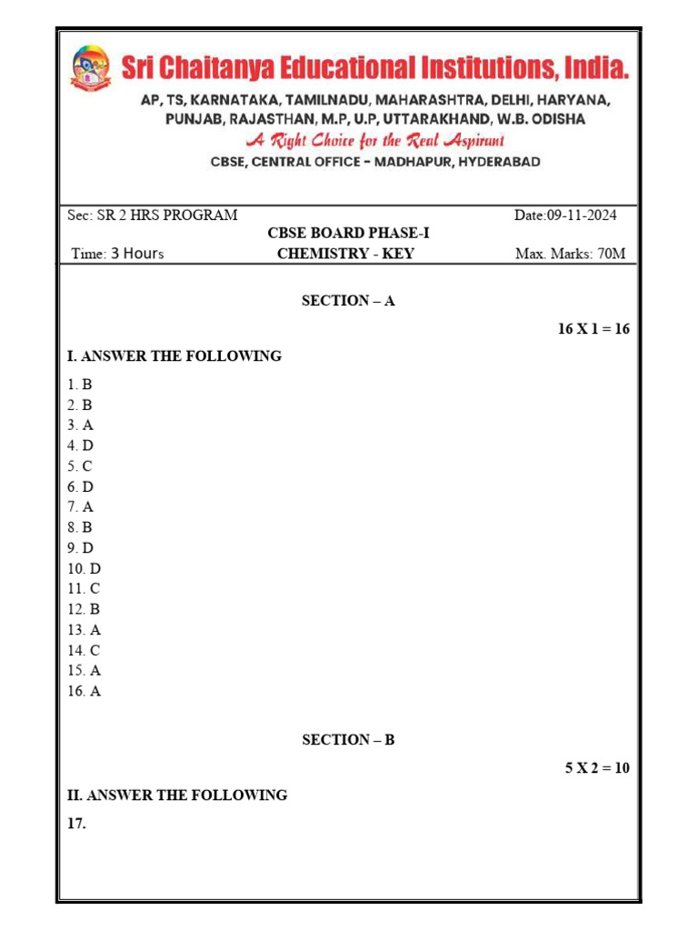 SR Apex & Wisdom (2 HRS Program) - Cbse Board Phase-1 - Chemistry Key | PDF