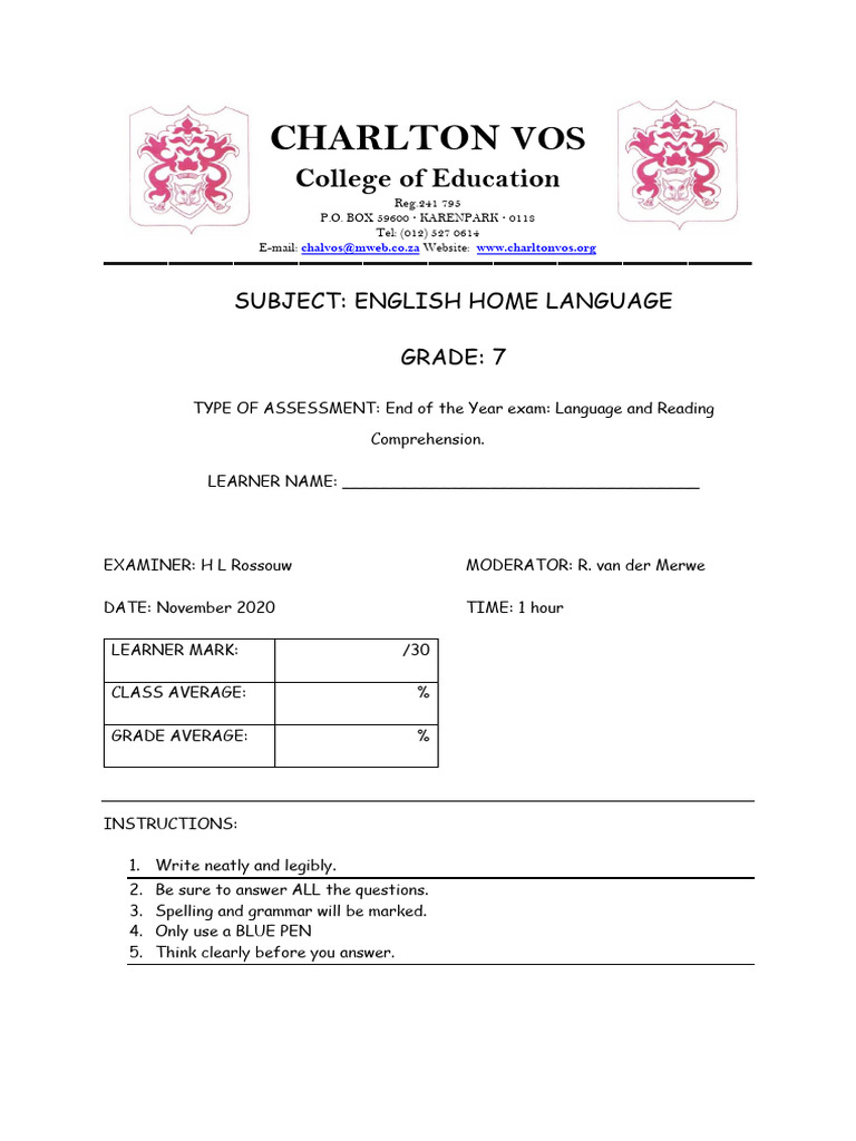 Grade 7 English Exam: Language & Reading | PDF | 2012 Phenomenon | Calendar