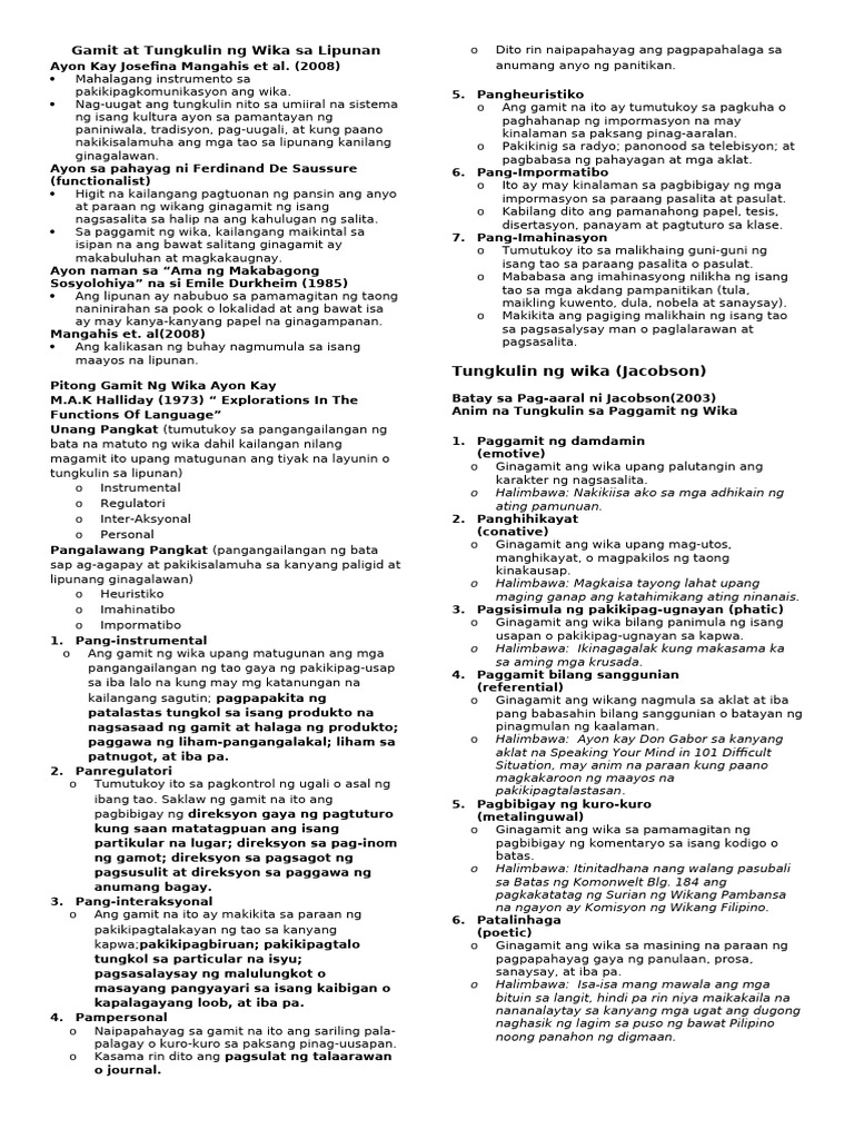 Aralin 5 Gamit at Tungkulin NG Wika | PDF