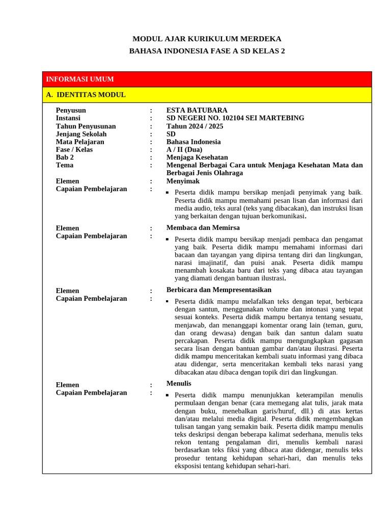 Modul Ajar B.Indonesia Kelas 2 - BAB 2 | PDF | Karier & Perkembangan ...