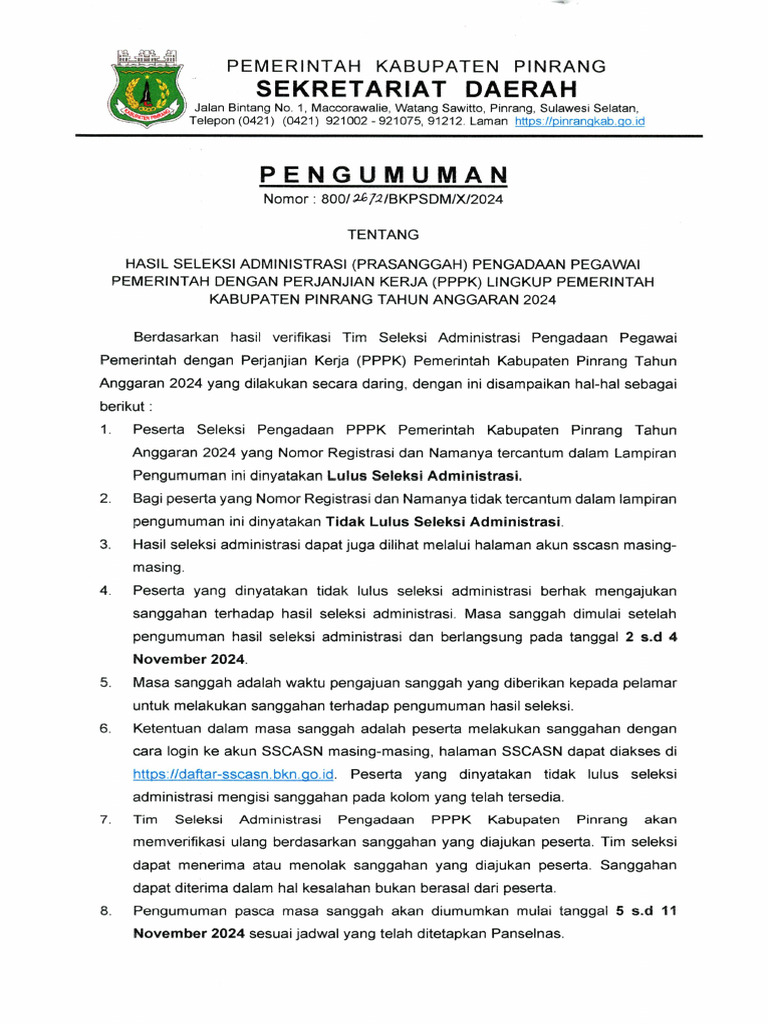 Pengumuman Hasil Seleksi Adm P3k Pinrang Pdf