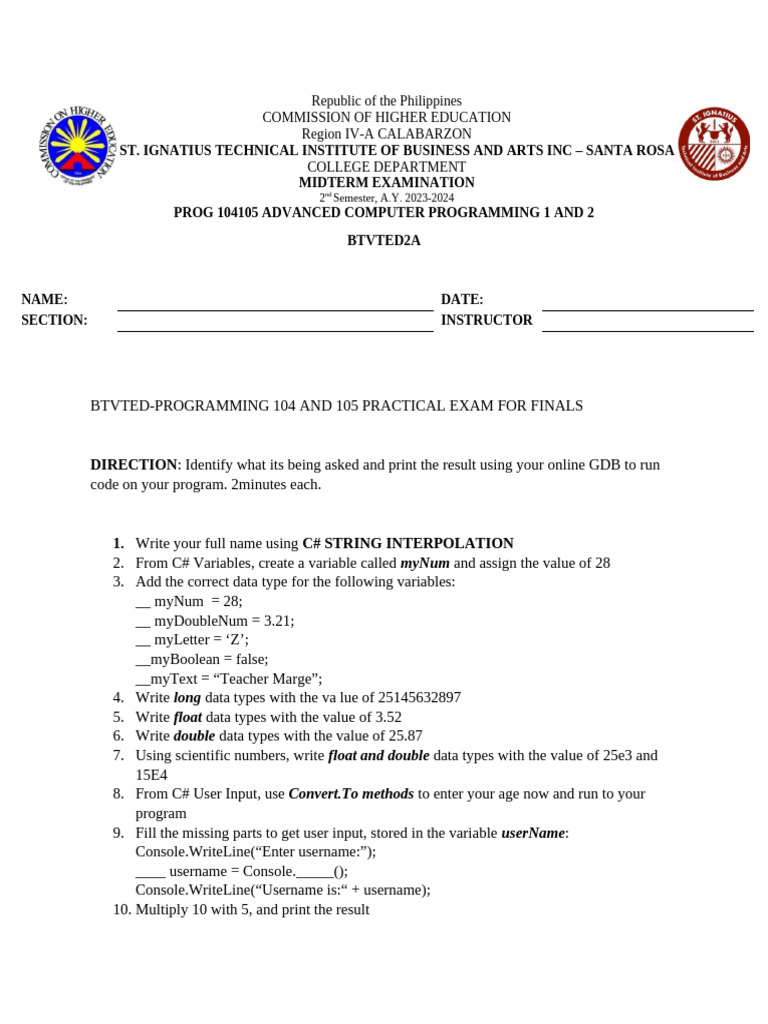 Btvted Prog 104105 Practical Exam | PDF | C Sharp (Programming Language ...