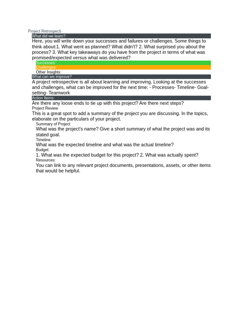 Project Retrospective Insights and Actions | PDF