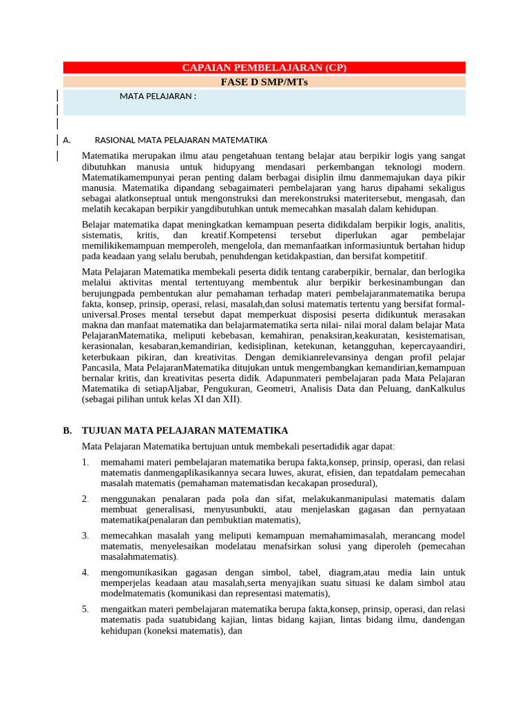 Capaian Pembelajaran Matematika Fase D | PDF | Metode & Bahan Ajar