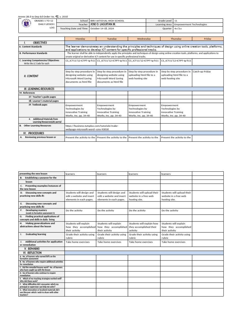 Daily Lesson Log for Empowerment Tech | PDF | Educational Technology | Html