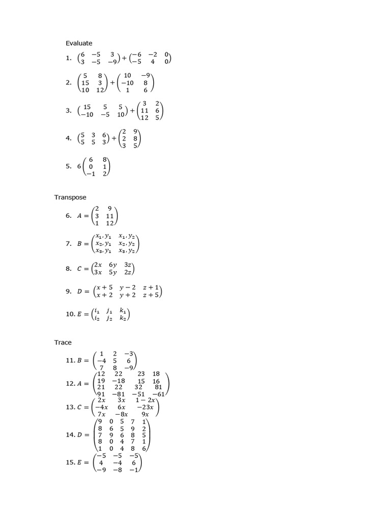 Matrix Operations: Addition, Transpose, Trace | PDF