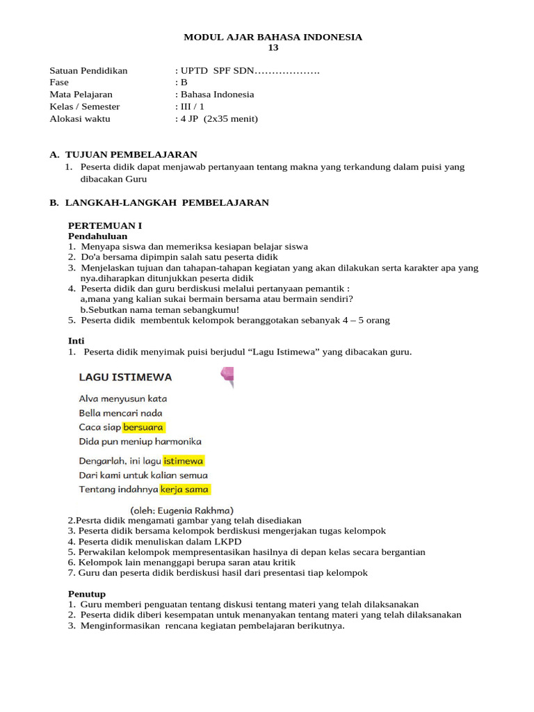 Modul Ajar Puisi Kelas 3 SD | PDF | Seni & Disiplin Bahasa | Kajian ...